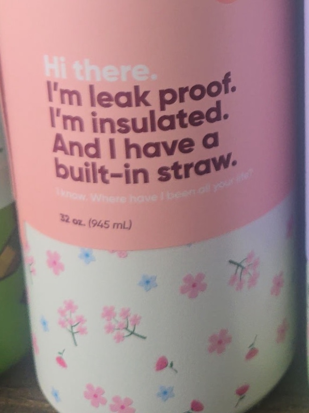 Pink Floral Insulated Water Bottle Built-In Straw 32oz free sip tumbler - Picture 3 of 3